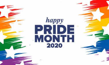 Haziran ayında LGBT Gurur Ayı. Lezbiyen Gey Biseksüel Transseksüel. Yıllık kutlama. LGBT bayrağı. Gökkuşağı aşk konsepti. İnsan hakları ve hoşgörü. Poster, kart, afiş ve geçmiş. Vektör ilüstrasyonu