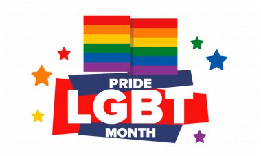 Haziran ayında LGBT Gurur Ayı. Lezbiyen Gey Biseksüel Transseksüel. Yıllık kutlama. LGBT bayrağı. Gökkuşağı aşk konsepti. İnsan hakları ve hoşgörü. Poster, kart, afiş ve geçmiş. Vektör ilüstrasyonu