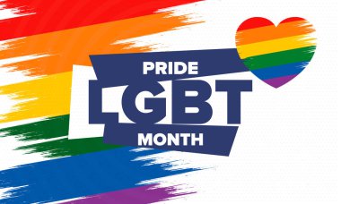 Haziran ayında LGBT Gurur Ayı. Lezbiyen Gey Biseksüel Transseksüel. Yıllık kutlama. LGBT bayrağı. Gökkuşağı aşk konsepti. İnsan hakları ve hoşgörü. Poster, kart, afiş ve geçmiş. Vektör ilüstrasyonu