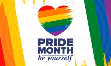 Haziran ayında LGBT Gurur Ayı. Lezbiyen Gey Biseksüel Transseksüel. Yıllık kutlama. LGBT bayrağı. Gökkuşağı aşk konsepti. İnsan hakları ve hoşgörü. Poster, kart, afiş ve geçmiş. Vektör ilüstrasyonu