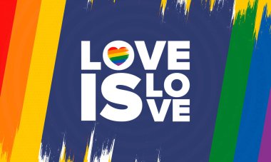 Haziran ayında LGBT Gurur Ayı. Lezbiyen Gey Biseksüel Transseksüel. Yıllık kutlama. LGBT bayrağı. Gökkuşağı aşk konsepti. İnsan hakları ve hoşgörü. Poster, kart, afiş ve geçmiş. Vektör ilüstrasyonu