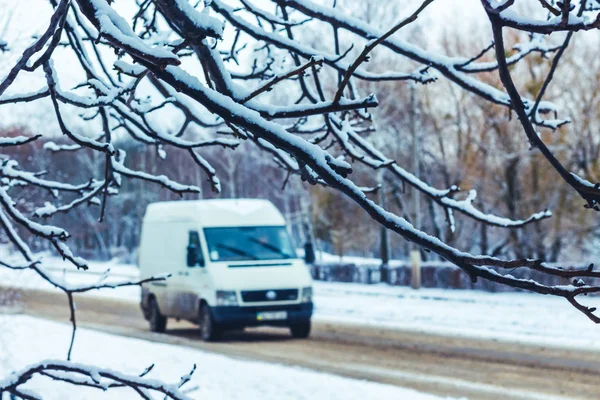 Samochód jest widoczny za śniegiem pokryte oddział — Zdjęcie stockowe