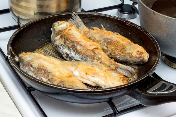 Cucinare il pesce nella cucina di casa, cibo utile e nutriente _ — Foto Stock