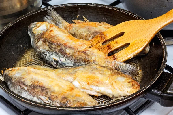 Cottura del pesce in cucina casalinga, cibo utile e ipercalorico _ — Foto Stock