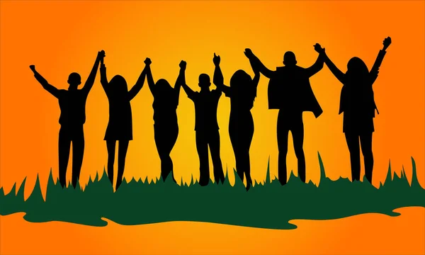 Περίγραμμα εικόνας της ομάδας νέων ανθρώπων, κρατώντας τα χέρια επάνω, φιλική εταιρεία χαρούμενα — Διανυσματικό Αρχείο