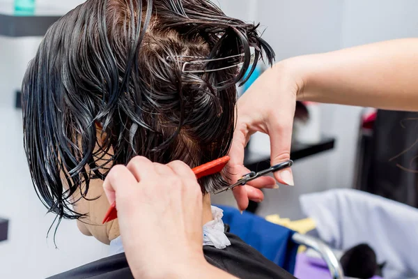 Cabeleireiro faz penteado elegante para a mulher que quer ter — Fotografia de Stock