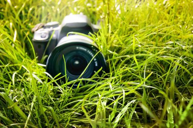 Profesyonel kamera otların arasında yatıyor. Fotoğraf çekimi sırasında duraklatmak 