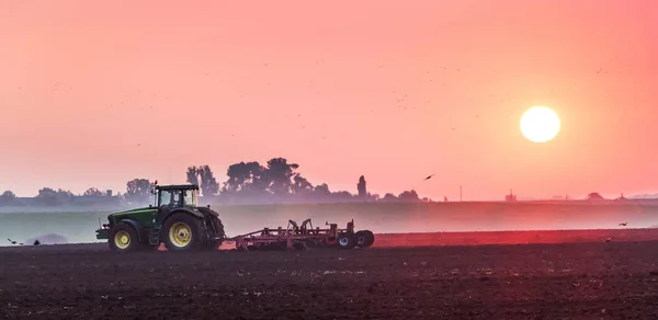 El tractor lleva a cabo el tratamiento del suelo en el campo de la granja — Foto de Stock