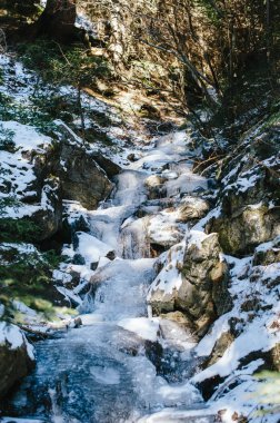 Bir dağ orman donmuş dere içinde kar yukarıdaki ile