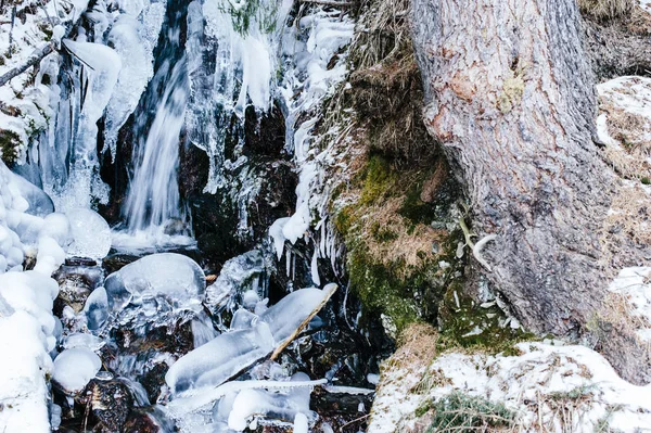 Torrente di montagna, ghiacciato, nel bosco con neve — Foto Stock