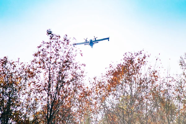 Orman yangını ve yangın müdahalesinin yol açtığı dumanla Kanada uçağı ağaçların üzerinde uçuyor.