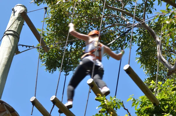 在树顶冒险攀登的年轻妇女 — 图库照片