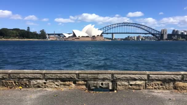 Upływ Czasu Osoby Przechodzącej Przez Panoramę Sydney Harbor Opery Sydney — Wideo stockowe