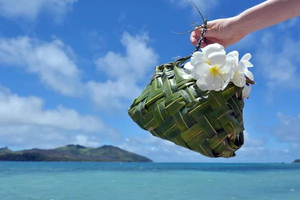 旅游女人的手里拎的斐济的篮子，做成科科努 — 图库照片