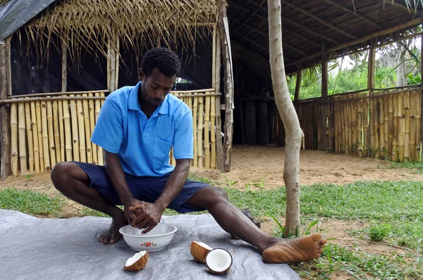 Hombre indígena fiyiano descascarando una fruta de coco en Fiji — Foto de Stock