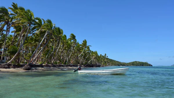 Hvit fiskebåt på en tropisk øy på Fiji. – stockfoto