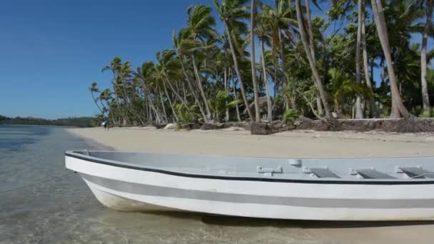 Beyaz balıkçı teknesi üzerinde bir tropik ada Fiji — Stok video