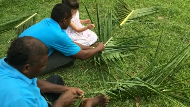 Fijian men teach young tourist girl how to create a basket from Coconut Palm — Stock Video