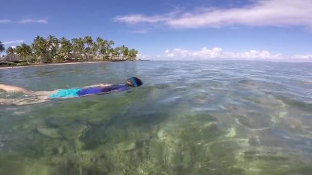 Vrouw snorkelen in een tropisch resort in Fiji — Stockvideo