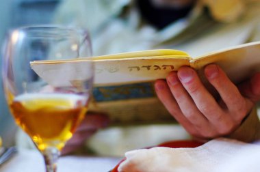 Yahudi adam üzerinde Fısıh Seder yemeği Haggadah okur