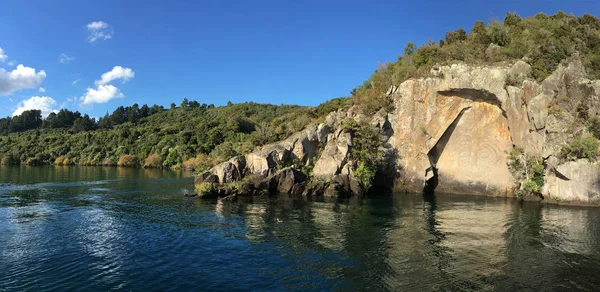 Vue Panoramique Paysage Sculpture Maori Rock Lac Taupo Dans Île — Photo