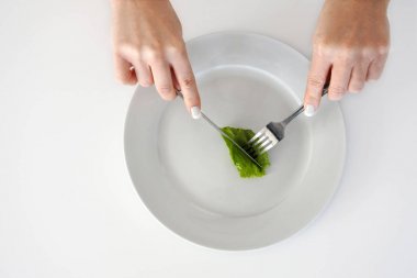 Kadın el parça marul yemek