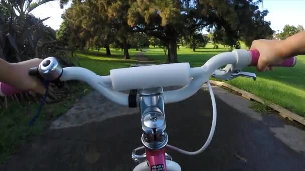 POV дитина дівчина їздити на велосипеді в парку — стокове відео