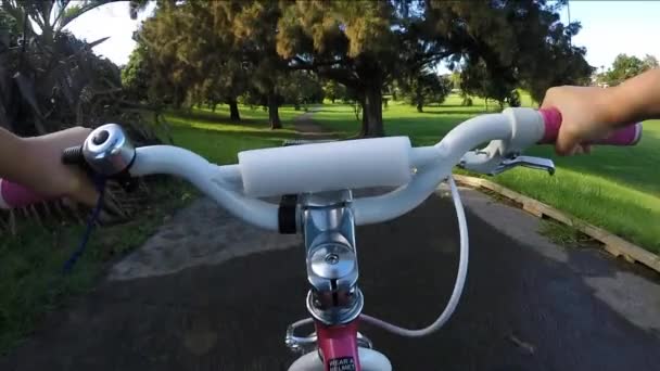 POV gyermek lány ride a bike parkban — Stock videók