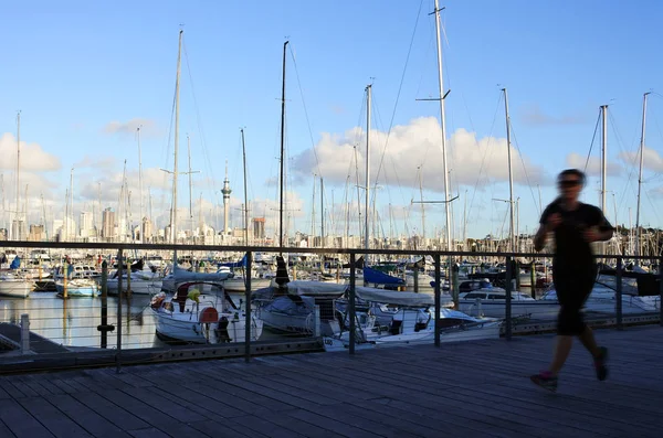 Frau Läuft Entlang Der Westhaven Marina Und Der Skyline Von — Stockfoto