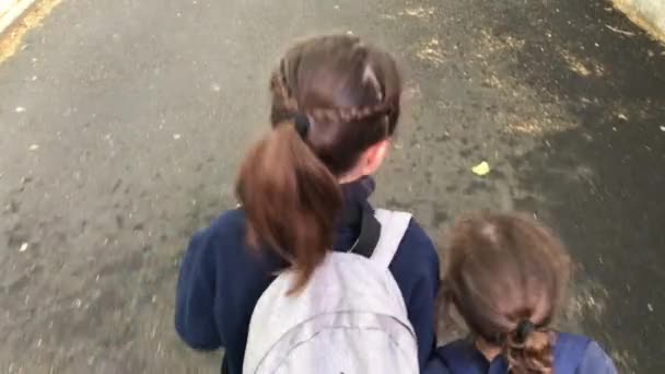 Due scuola ragazza sorella andando a scuola insieme — Video Stock