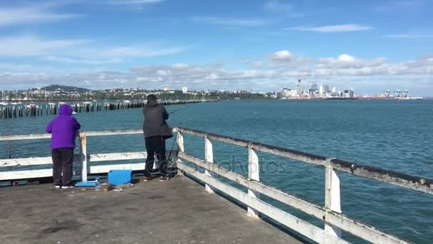 Okahu 湾码头到新西兰奥克兰怀特玛塔海港捕鱼的亚洲渔民无法辨认 — 图库视频影像