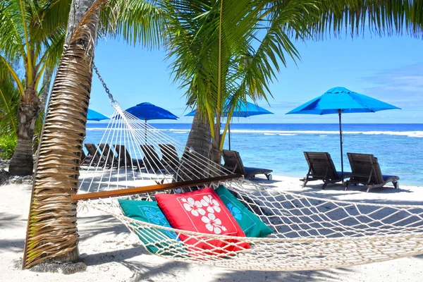 Empty hammock between palm trees on tropical beach — Stock Photo, Image