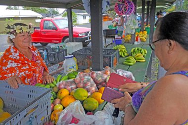 Islanders kadınlar esnaf Cook Adaları Doları banknot ile yemek bir