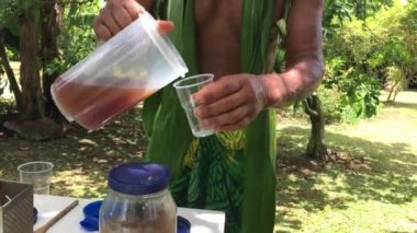 Yemek Adalı adam eko turizm tur içinde Cook Adaları Rarotonga bitkisel içki hazırlar