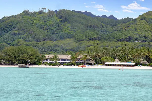 Widok krajobrazu z łodzi Muri lagoon Beach w Rarotonga Coo — Zdjęcie stockowe