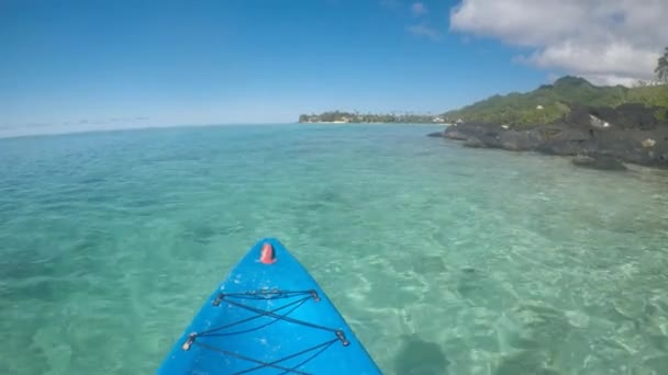 Pov Pont View Persona Navegando Kayak Sobre Laguna Muri Rarotonga — Vídeos de Stock