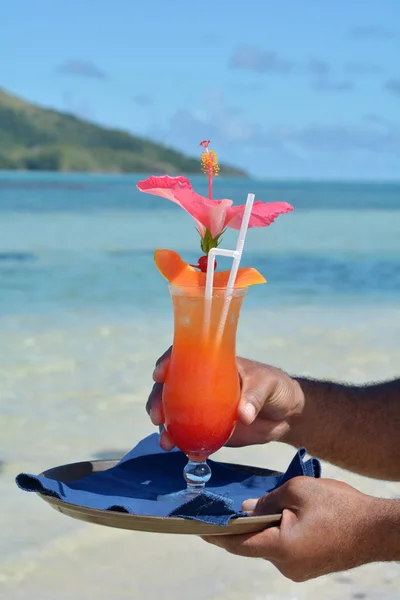 Fidżi kelner koktajl serwujemy na plaży w Fidżi — Zdjęcie stockowe