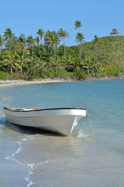 Weißes Fischerboot auf einer tropischen Insel Fidschi — Stockfoto