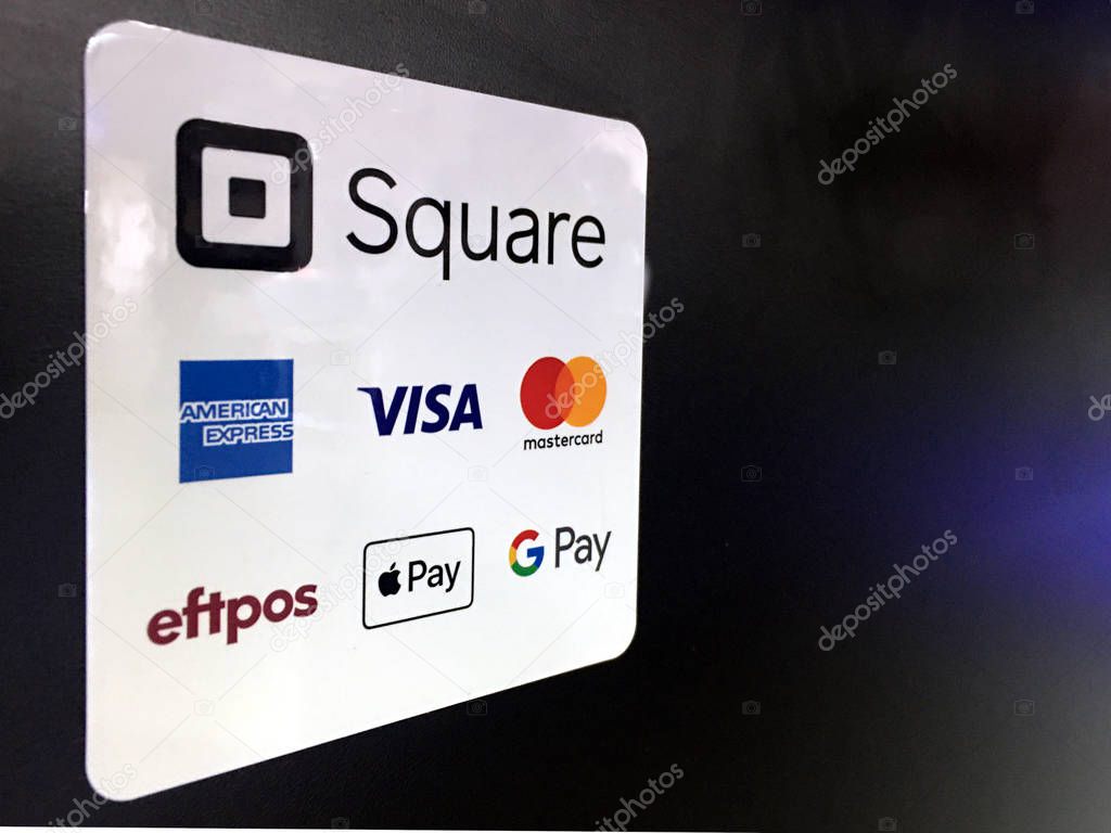 PERTH, WA - FEB 13 2020:Square device sticker in a retail store. Square, Inc. is a financial services, merchant services aggregator, and mobile payment company based in San Francisco, California.
