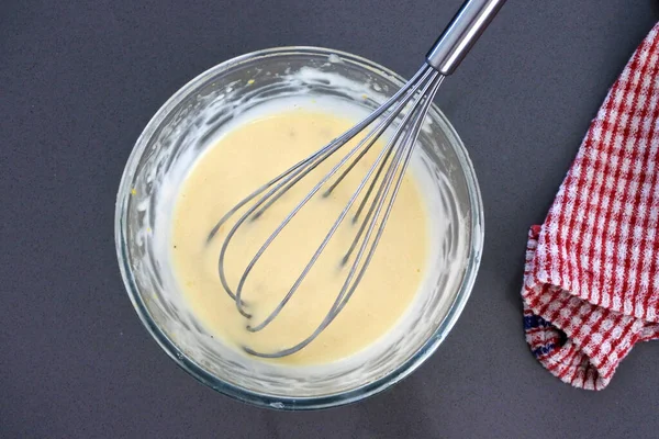 View Homemade Mayonnaise Souce Glass Bowl Whisk Utensil Tool Tea — Stock Photo, Image