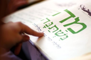 Yahudi kişi Haggadah okur. Haggadah, Hamursuz Bayramı 'nda Yahudi Bayramında Hamursuz Bayramı' nı düzenleyen Yahudi metni..