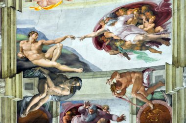 VATICAN - 29 Nisan 2011: Michelangelo 'nun Vatikan Müzesi' ndeki Sistine Şapeli 'nin tavanına Adam' ın ikonik çizimi. Michelangelo 'nun freski bitirmesi dört yıl sürdü..
