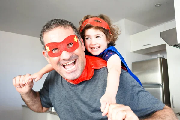 Superhero Father Age Superhero Daughter Age Pretend Play Together Having — Stock Photo, Image