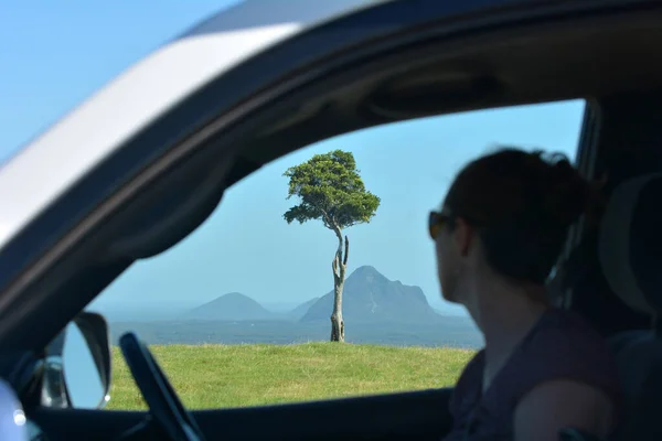 Silhouette Einer Erwachsenen Frau Die Aus Dem Autofenster Auf Die — Stockfoto