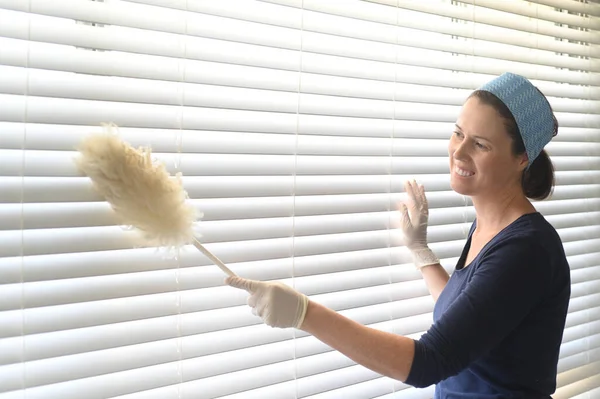 Yetişkin Kadın Yaş Temizleyici Pencere Temizleme Panjurları Gerçek Insanlar Boşluğu — Stok fotoğraf