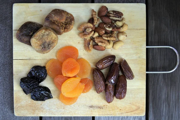 Falt Lay View Mixed Dried Fruit Wooden Board Served Jewish — Stock Photo, Image