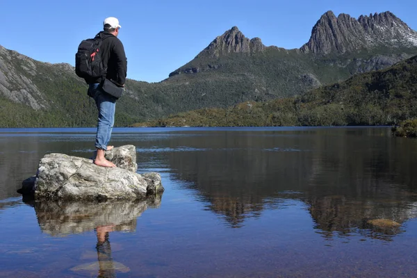 Hiker Looking Landscape View Cradle Mountain Lake Clair National Park — Stock Photo, Image