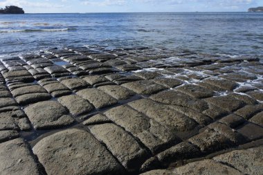 Tazmanya, Avustralya 'daki Tasman Yarımadası' ndaki Pirates Körfezi 'ndeki Tessellated Pavement' in manzara manzarası