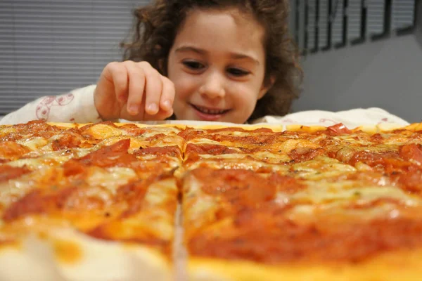 Happy Child Girl Age Eating Pizza Slices Dinner Home — Stock Photo, Image