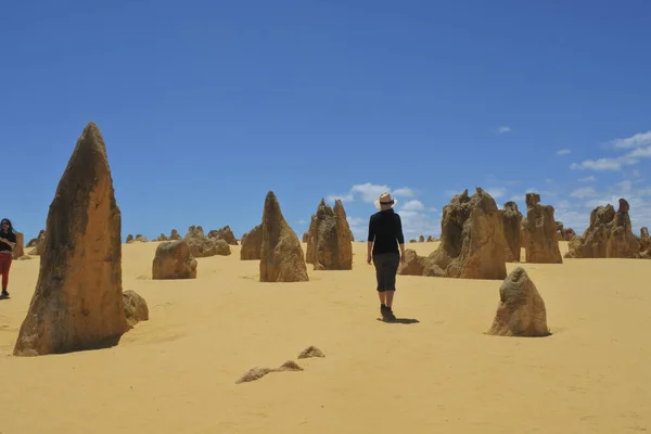 澳大利亚妇女在西澳大利亚珀斯附近的山顶沙漠野外风景区徒步旅行 沙漠里有数千个石灰岩地层叫做尖顶 — 图库照片
